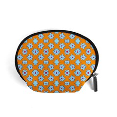 Modern Blue Flowers  On Orange Accessory Pouch (small) by BrightVibesDesign