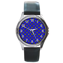 Modern Brown Flowers On Blue Round Metal Watch by BrightVibesDesign