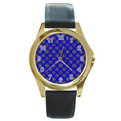 Modern Brown Flowers On Blue Round Gold Metal Watch by BrightVibesDesign