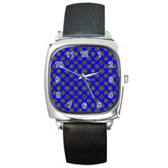 Modern Brown Flowers On Blue Square Metal Watch by BrightVibesDesign