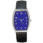 Modern Brown Flowers On Blue Barrel Style Metal Watch Front