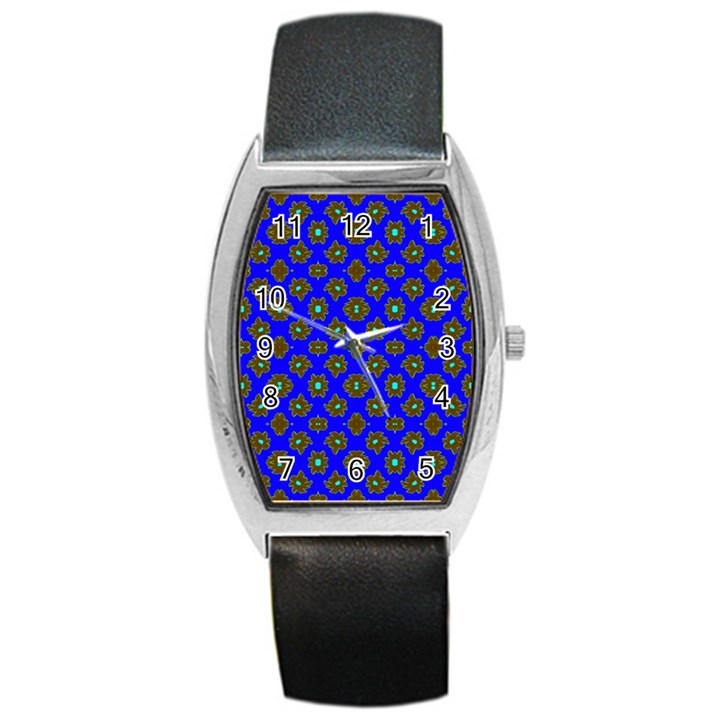 Modern Brown Flowers On Blue Barrel Style Metal Watch