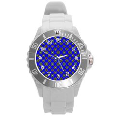 Modern Brown Flowers On Blue Round Plastic Sport Watch (l) by BrightVibesDesign