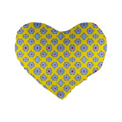 Modern Blue Flowers  On Yellow Standard 16  Premium Flano Heart Shape Cushions by BrightVibesDesign