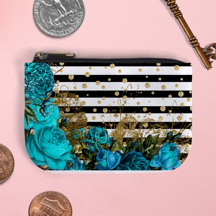 Teal Rose Stripes Coin Change Purse