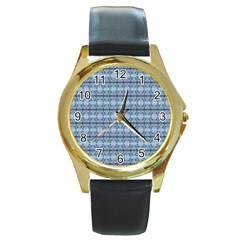 Cute Flowers Pattern Pastel Blue Round Gold Metal Watch by BrightVibesDesign