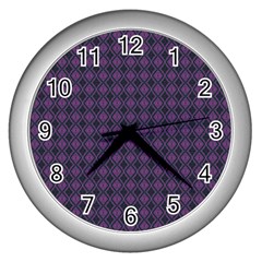 Argyle Dark Pink Black Pattern Wall Clock (silver) by BrightVibesDesign