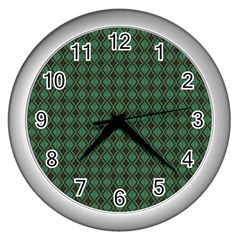 Argyle Dark Green Brown Pattern Wall Clock (silver) by BrightVibesDesign