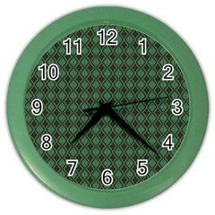 Argyle Dark Green Brown Pattern Color Wall Clock by BrightVibesDesign