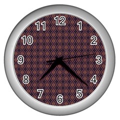 Argyle Dark Purple Yellow Pattern Wall Clock (silver) by BrightVibesDesign