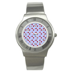 Kawaii Cherries Blue Pattern Stainless Steel Watch by snowwhitegirl