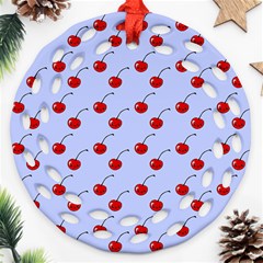 Kawaii Cherries Blue Pattern Round Filigree Ornament (two Sides) by snowwhitegirl