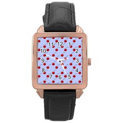 Kawaii Cherries Blue Pattern Rose Gold Leather Watch  by snowwhitegirl