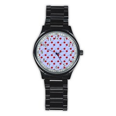 Kawaii Cherries Blue Pattern Stainless Steel Round Watch by snowwhitegirl