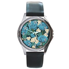 Blue flowers pattern Round Metal Watch