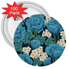 Blue flowers pattern 3  Buttons (100 pack) 