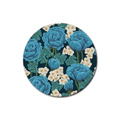 Blue flowers pattern Rubber Coaster (Round) 