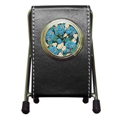 Blue flowers pattern Pen Holder Desk Clock