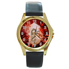 Wonderful Chinese Dragon With Flowers On The Background Round Gold Metal Watch by FantasyWorld7