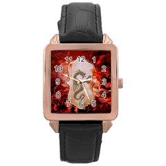 Wonderful Chinese Dragon With Flowers On The Background Rose Gold Leather Watch  by FantasyWorld7