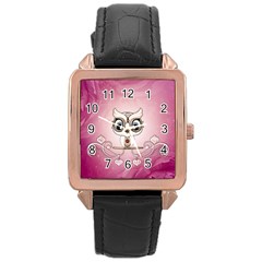 Cute Little Owl With Hearts Rose Gold Leather Watch  by FantasyWorld7