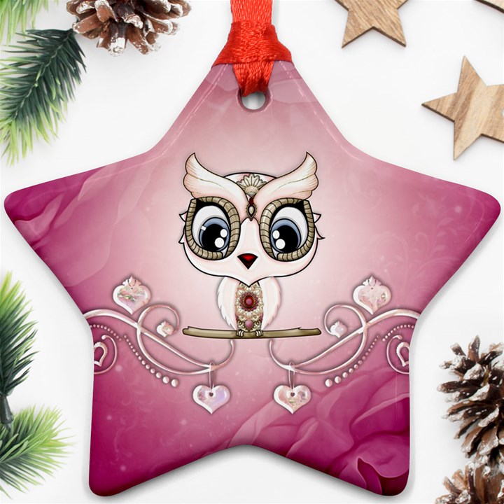 Cute Little Owl With Hearts Ornament (Star)