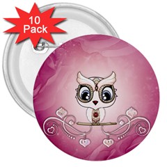 Cute Little Owl With Hearts 3  Buttons (10 Pack)  by FantasyWorld7