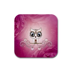 Cute Little Owl With Hearts Rubber Square Coaster (4 Pack)  by FantasyWorld7