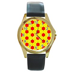 Pattern Red Star Texture Star Round Gold Metal Watch by Nexatart