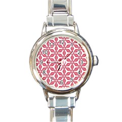 White Background Red Flowers Texture Round Italian Charm Watch by Nexatart