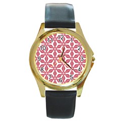 White Background Red Flowers Texture Round Gold Metal Watch by Nexatart