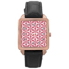 White Background Red Flowers Texture Rose Gold Leather Watch 