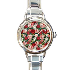 Roses Repeat Floral Bouquet Round Italian Charm Watch by Nexatart