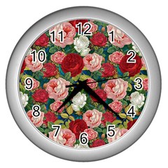 Roses Repeat Floral Bouquet Wall Clock (silver)