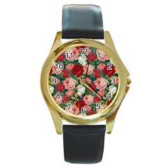 Roses Repeat Floral Bouquet Round Gold Metal Watch by Nexatart