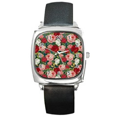 Roses Repeat Floral Bouquet Square Metal Watch by Nexatart