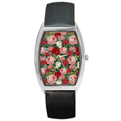 Roses Repeat Floral Bouquet Barrel Style Metal Watch by Nexatart