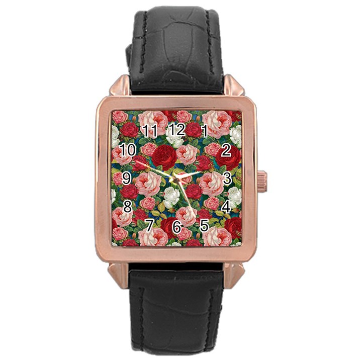 Roses Repeat Floral Bouquet Rose Gold Leather Watch 