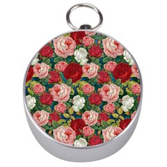 Roses Repeat Floral Bouquet Silver Compasses by Nexatart