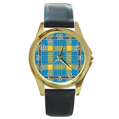 Plaid Tartan Scottish Blue Yellow Round Gold Metal Watch