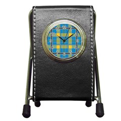 Plaid Tartan Scottish Blue Yellow Pen Holder Desk Clock by Nexatart