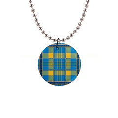 Plaid Tartan Scottish Blue Yellow 1  Button Necklace