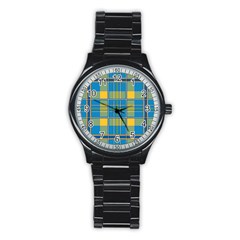 Plaid Tartan Scottish Blue Yellow Stainless Steel Round Watch by Nexatart