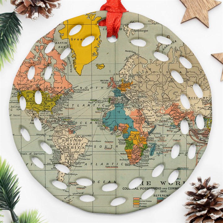 World Map Vintage Round Filigree Ornament (Two Sides)