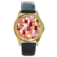 Roses Color Beautiful Flowers Round Gold Metal Watch