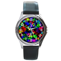 Multicolored Abstract Print Round Metal Watch by dflcprintsclothing