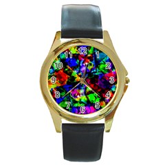 Multicolored Abstract Print Round Gold Metal Watch by dflcprintsclothing