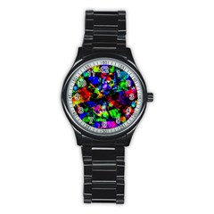 Multicolored Abstract Print Stainless Steel Round Watch by dflcprintsclothing