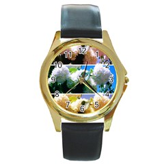 Snowball Branch Collage (i) Round Gold Metal Watch by okhismakingart