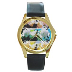 Faded Snowball Branch Collage (ii) Round Gold Metal Watch by okhismakingart